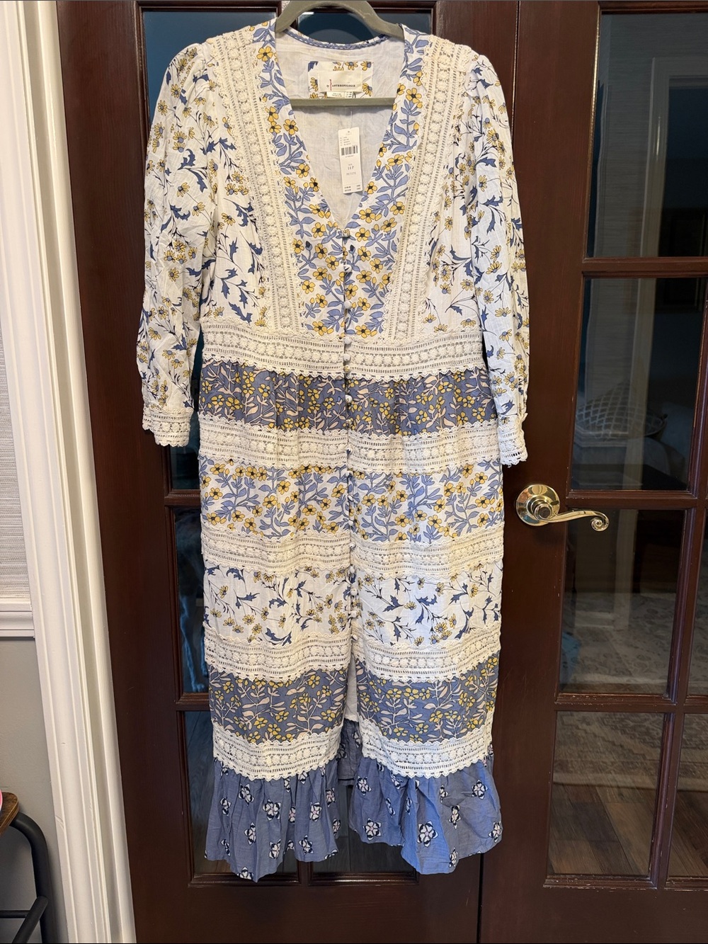 Anthropologie Blue, White & Yellow Mixed Floral Midi Dress with Crochet Trim